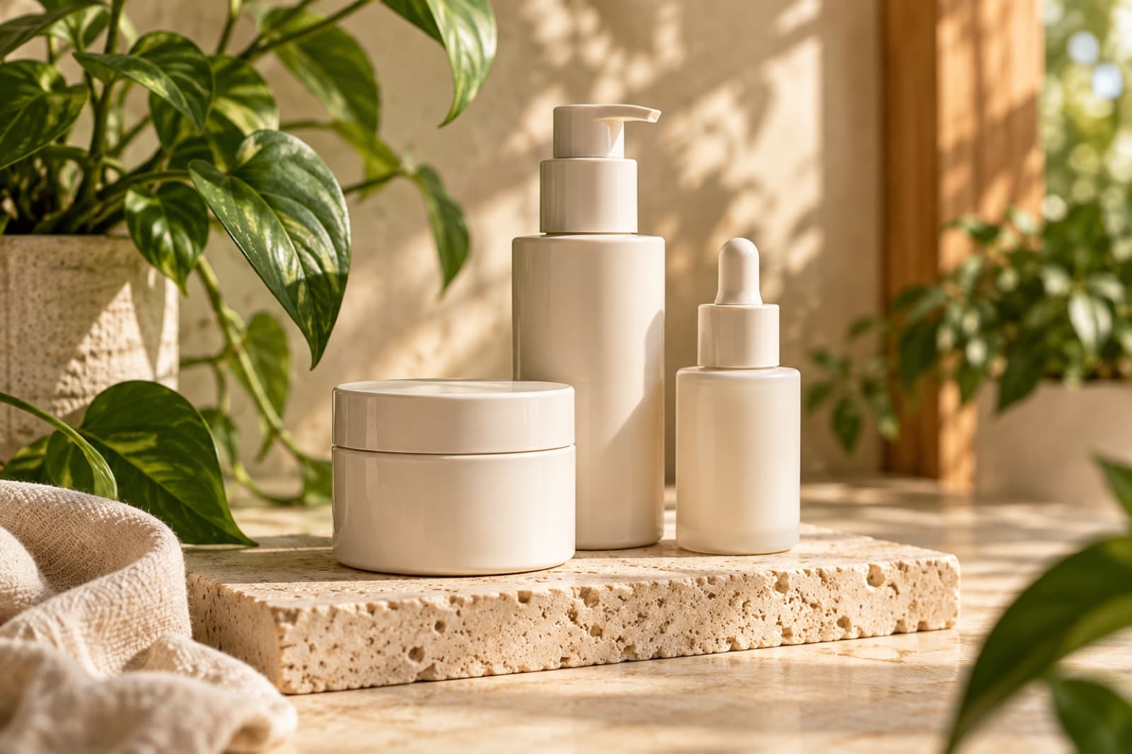 Unbranded skincare bottles on natural stone