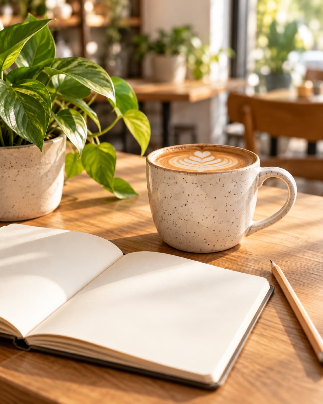 Coffee and blank notebook in a creative workspace