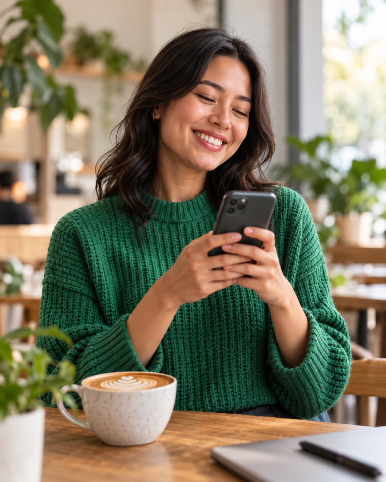 Creator reviewing a phone in a green sweater