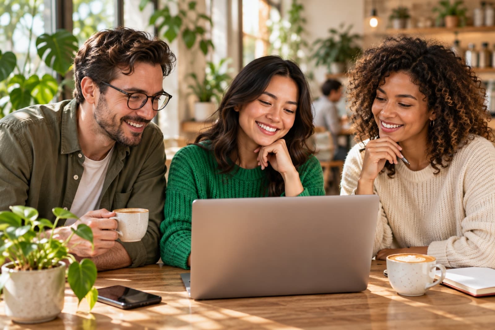 Three coworkers reviewing work together on a laptop